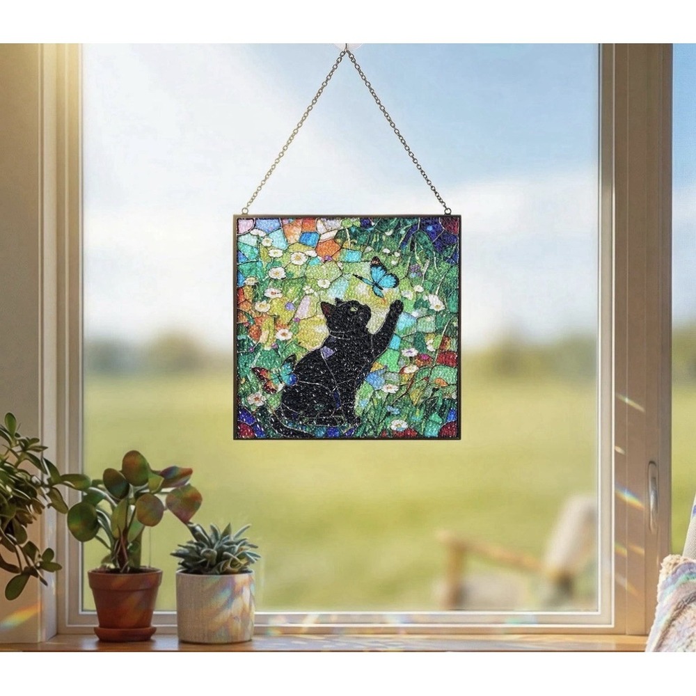 Black Cat Stained Glass Suncatcher, Floral Window Hanging, Gift for Cat Lovers